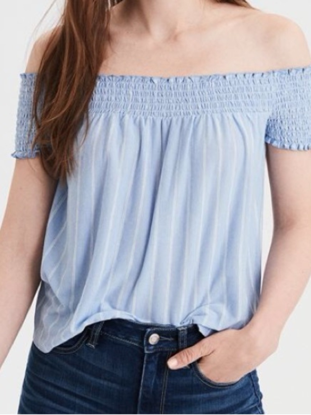 American Eagle Outfitters Light Blue Striped Off-Shoulder Top Small